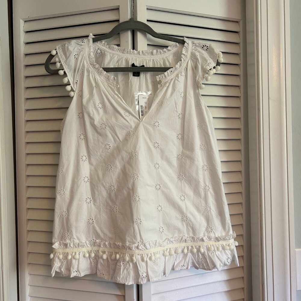NWT J. Crew eyelet pom-pom top blouse shirt white cotton poplin Sz small